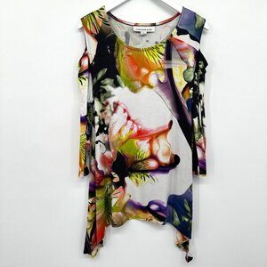 Caroline Rose Tunic Shirt Top Size Large Stretch‎ Wearable Art Cold Shoulder USA